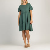 SUKIENKA DAMSKA Z KRÓTKIMI PLISOWANYMI RĘKAWAMI - SOLERA